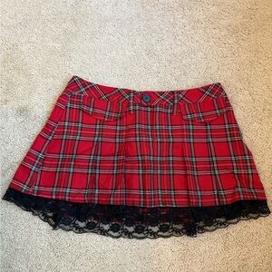 LEI Red Tartan Skirt with Black Lace